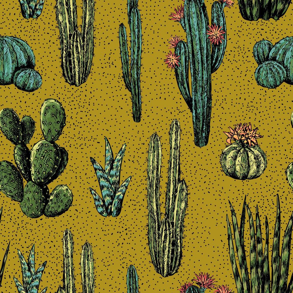 Cacti and succulents hand drawn seamless pattern. Graphic ink sketches of different desert plants. Abstract colored botanical background Design for wallpaper, wrap, textile, fabric, card, print vector