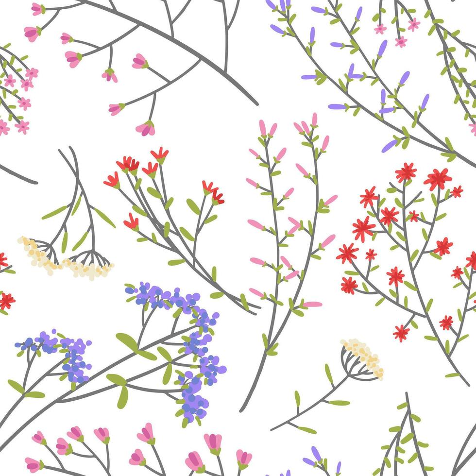 Wild plants seamless pattern. Floral ornament in simple style. Hand drawn illustration. Bright abstract botanical design. vector