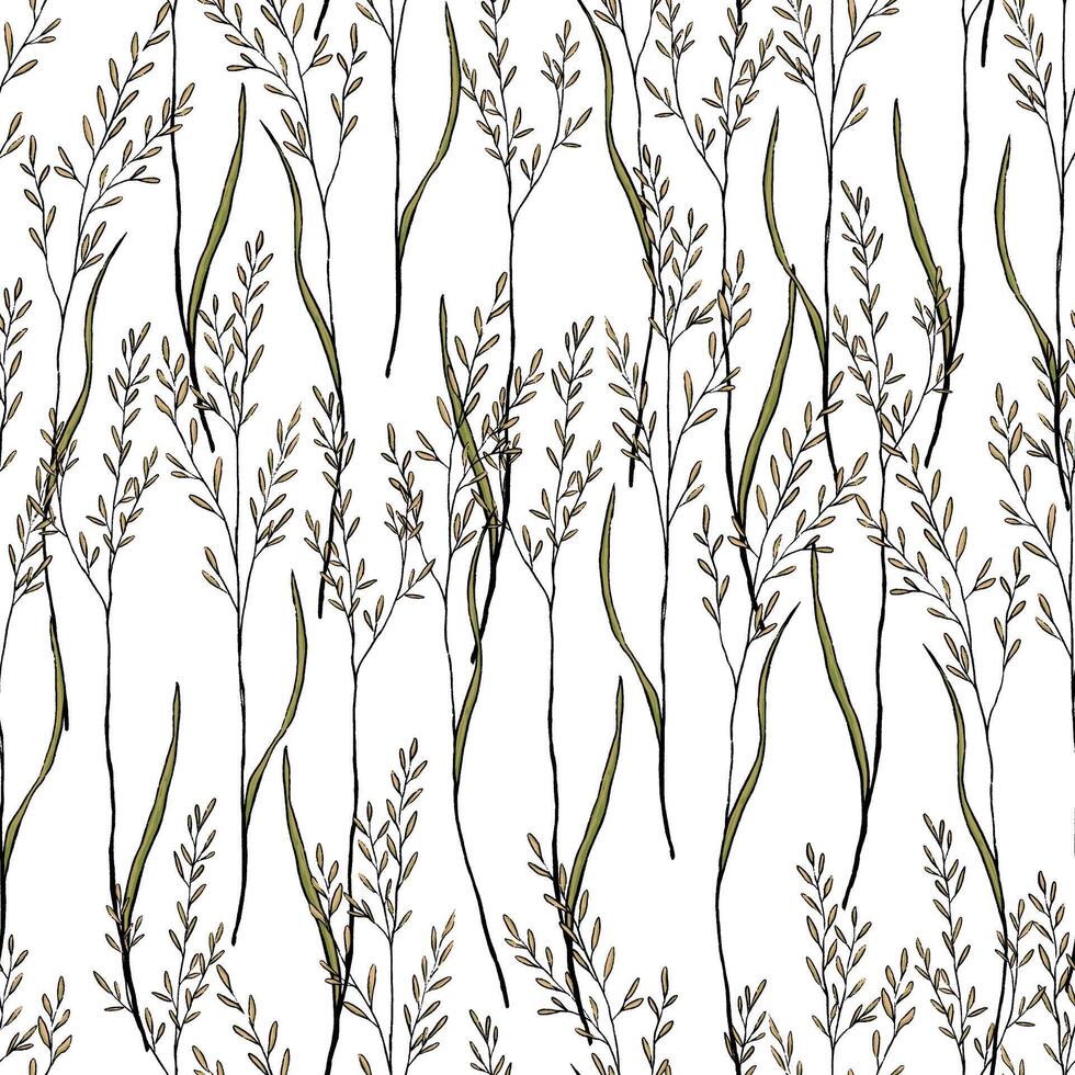 Sketches of field plants. Hand drawn seamless pattern. Gentle colorful botanical ornament. Abstract summer design for print, wrap, decor, fabric, textile, background, wallpapers, scrapbooking. vector
