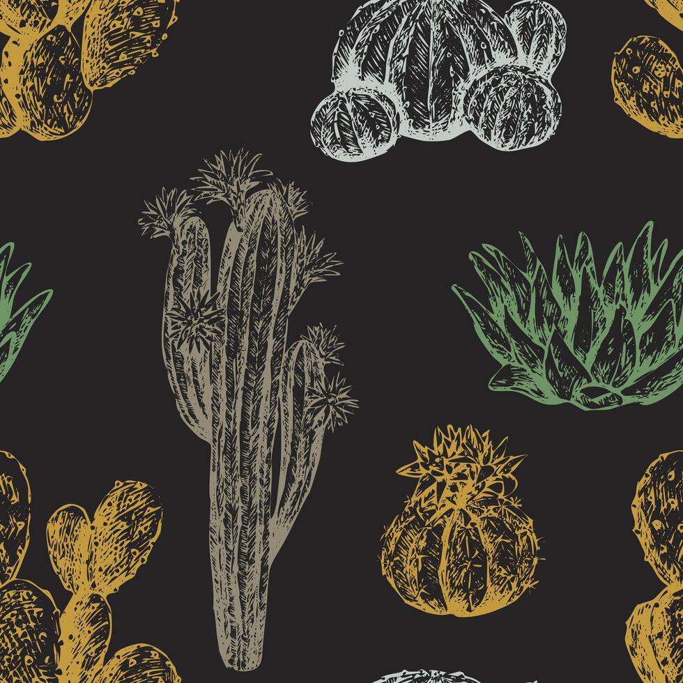 Cacti and succulents hand drawn seamless pattern. Graphic ink sketches of different desert plants. Abstract colored botanical background Design for wallpaper, wrap, textile, fabric, card, print vector