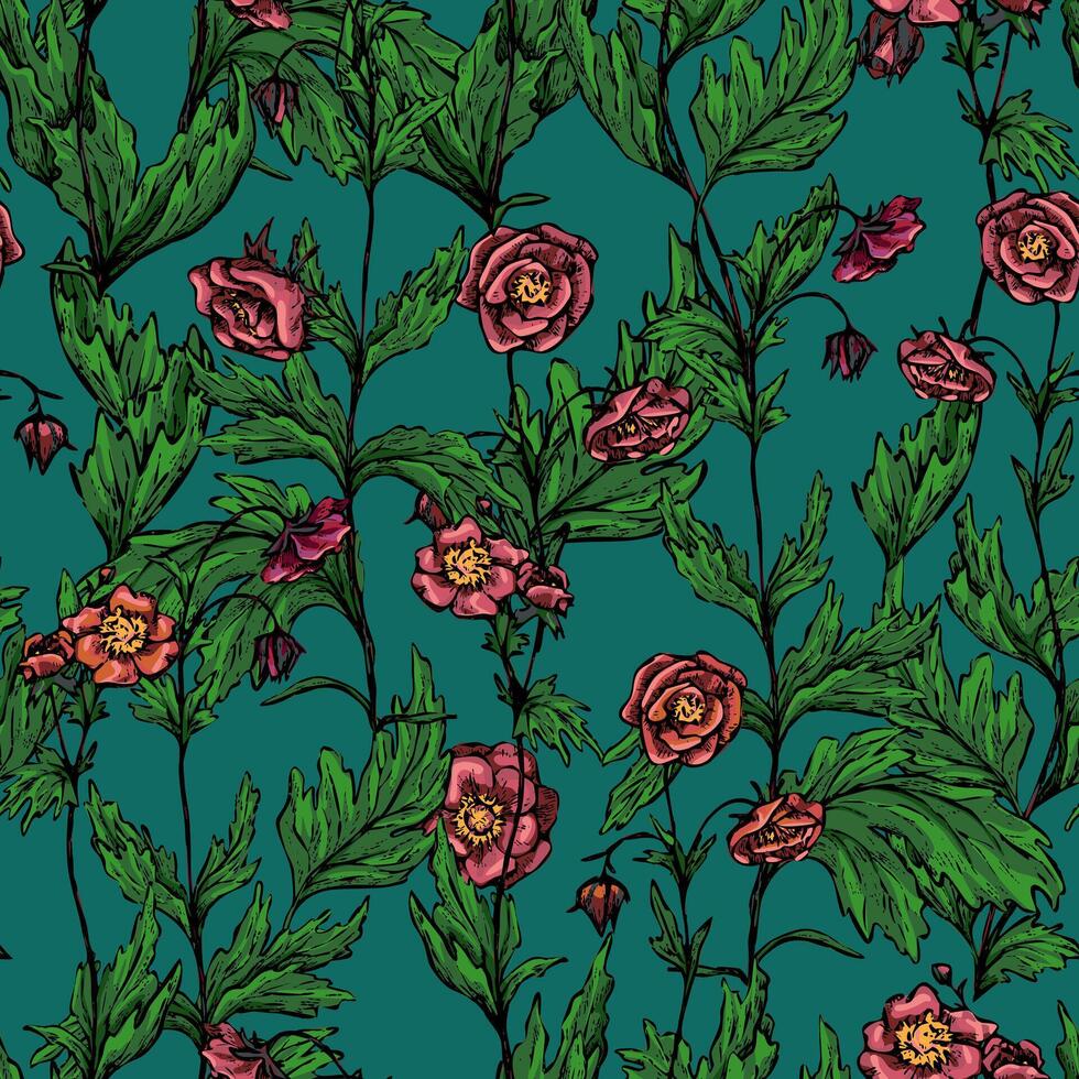 Geum Rivale flowers, wild plants decorative wallpaper. Hand drawn vintage seamless pattern. Botanical gentle floral background. vector