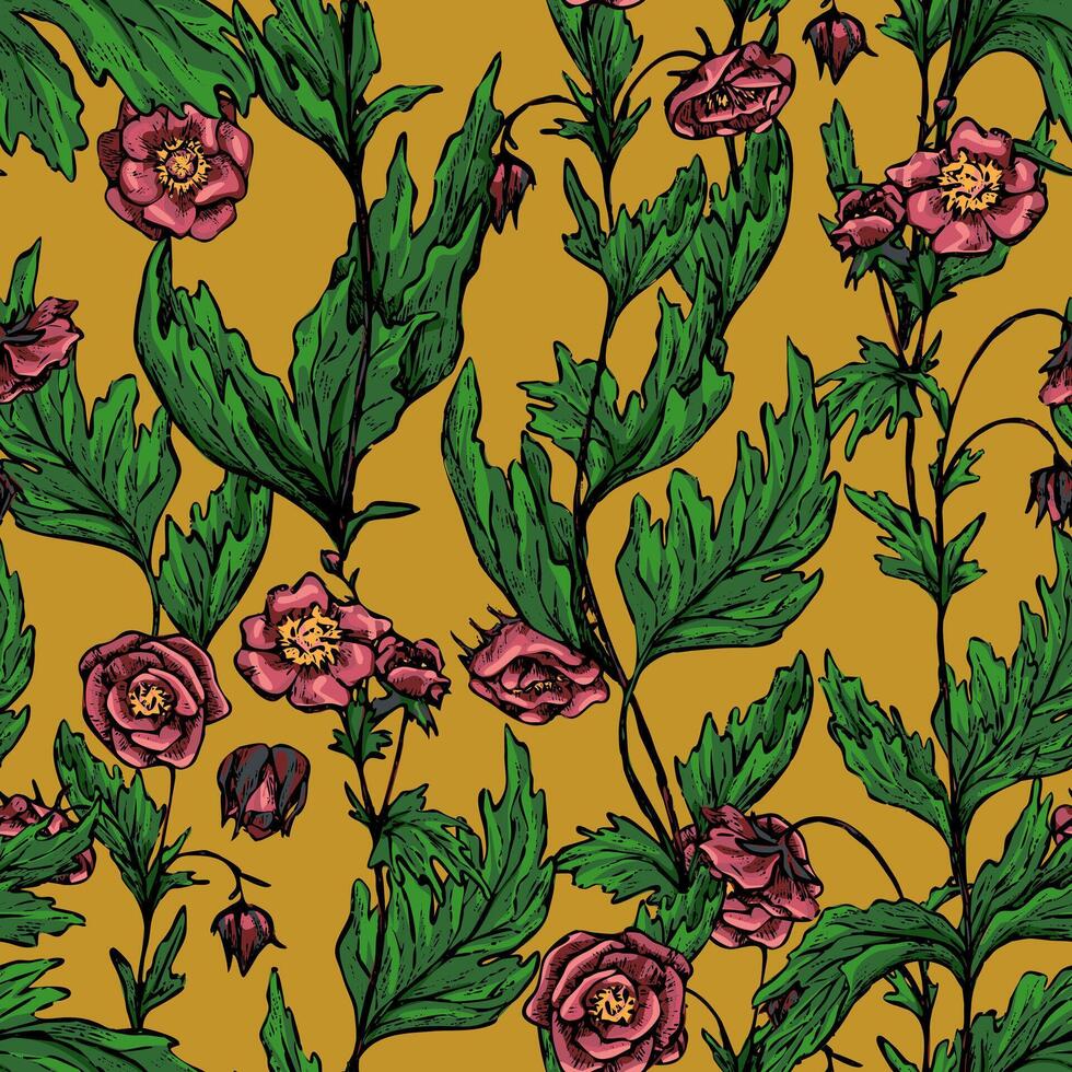 Geum Rivale flowers, wild plants decorative wallpaper. Hand drawn vintage seamless pattern. Botanical gentle floral background. vector