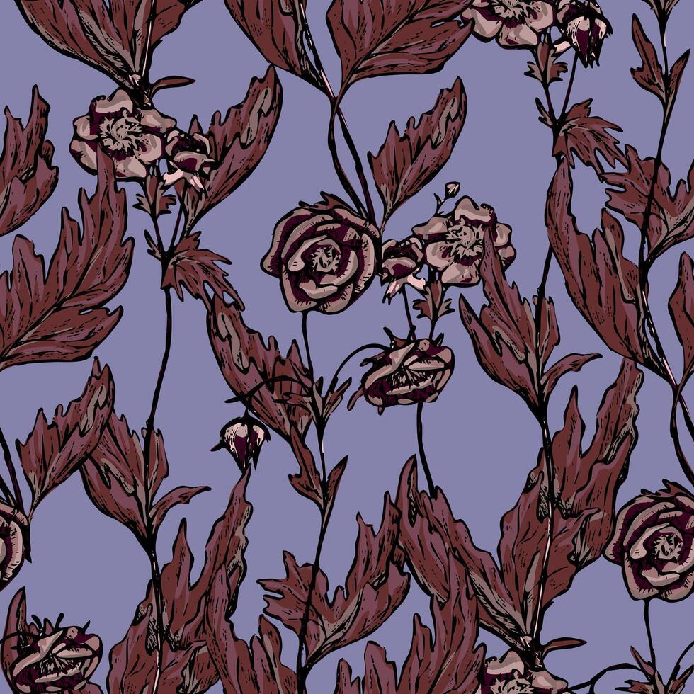 Geum Rivale flowers, wild plants decorative wallpaper. Hand drawn vintage seamless pattern. Botanical gentle floral background. vector