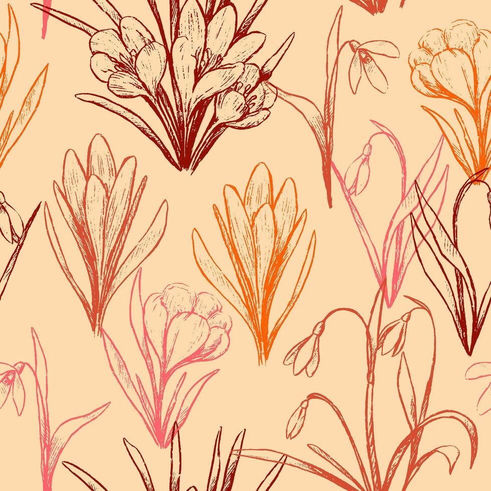 Ornament of spring flowers crocuses and snowdrops. Vintage spring seamless pattern. Hand drawn wild plants botanical design. vector