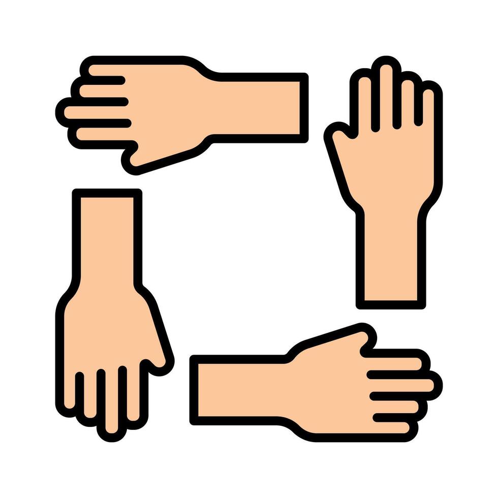 Teamwork icon. Four hands in a square, collaboration, unity, cooperation, support, teamwork, working together. vector