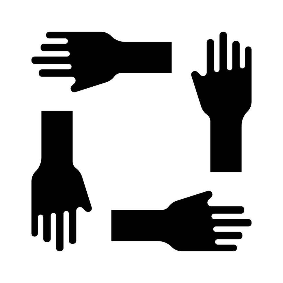 Teamwork icon. Four hands in a square, collaboration, unity, cooperation, support, teamwork, working together. vector