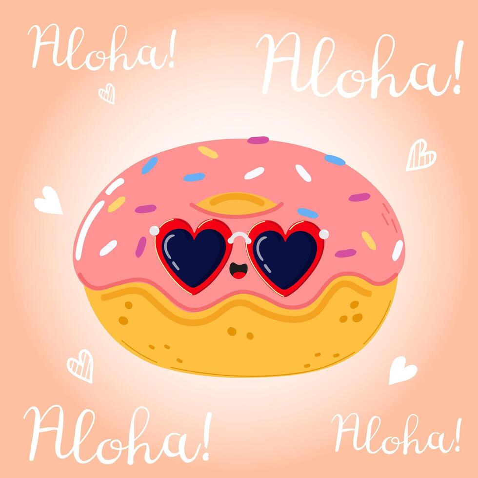Cute funny Doughnut character. Hand drawn cartoon kawaii character illustration icon. Isolated on pink background. Doughnut character concept. Aloha card vector