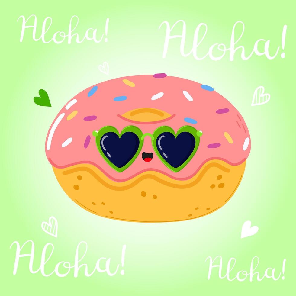Cute funny Doughnut character. Hand drawn cartoon kawaii character illustration icon. Isolated on green background. Doughnut character concept. Aloha card vector
