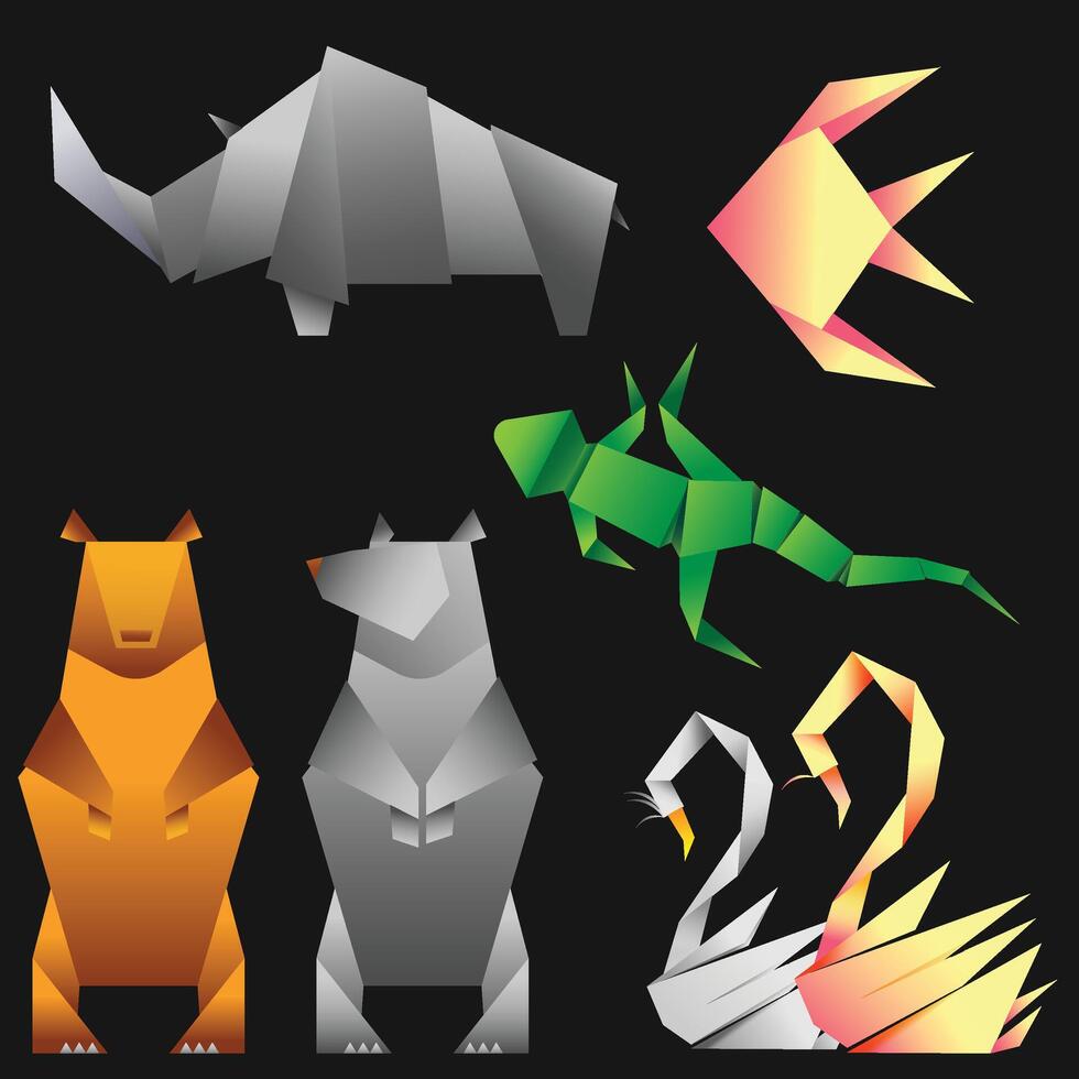 Color Origami birds and Animal set Dark Background vector