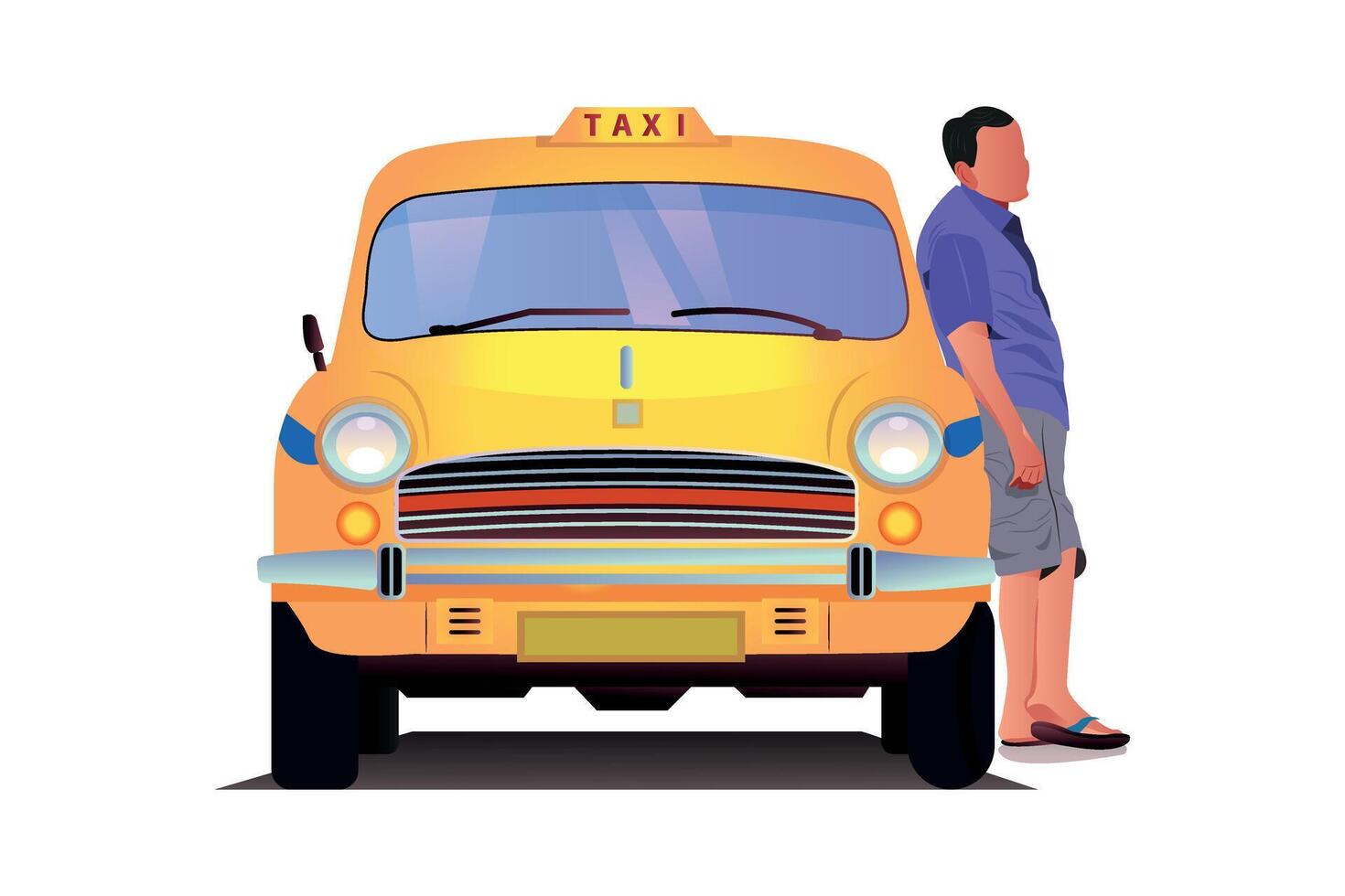 a man standing in front of Kolkata yellow taxi. front view of an Indian yellow color taxi vector