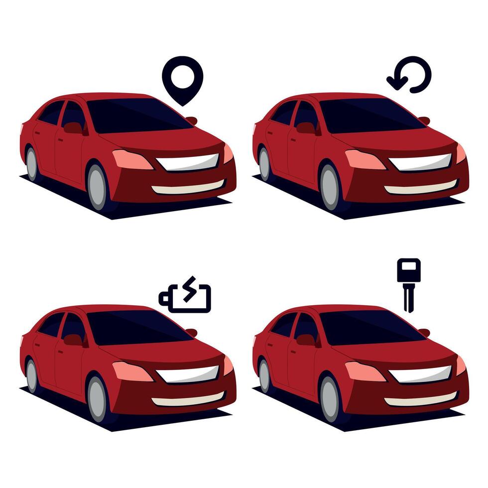 Set of colorful sedan car illustrations with location icon vector