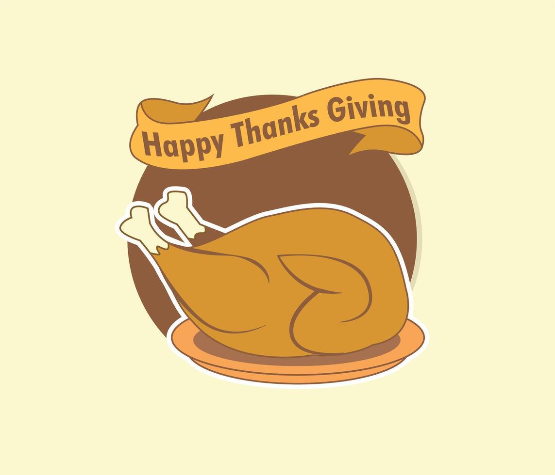 Happy thanksgiving day round frame grilled chicken sticker vector
