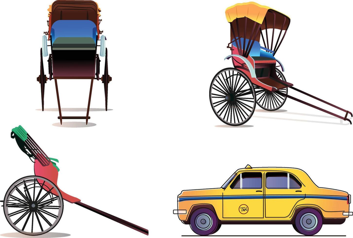Kolkata hand-pulled rickshaw and yellow taxi. Two-wheeler, yellow taxi vector