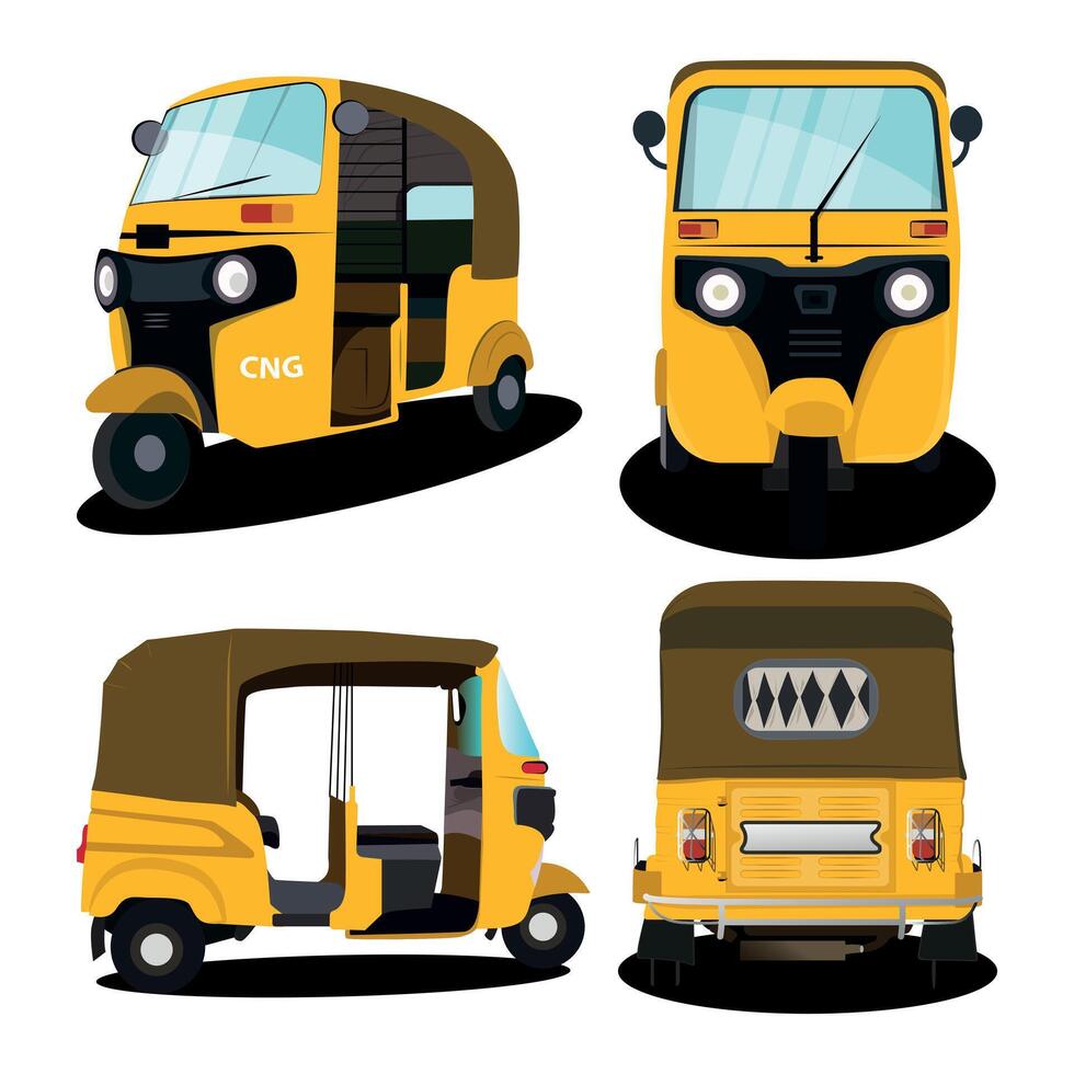 Set of yellow auto-rickshaw illustrations in India vector