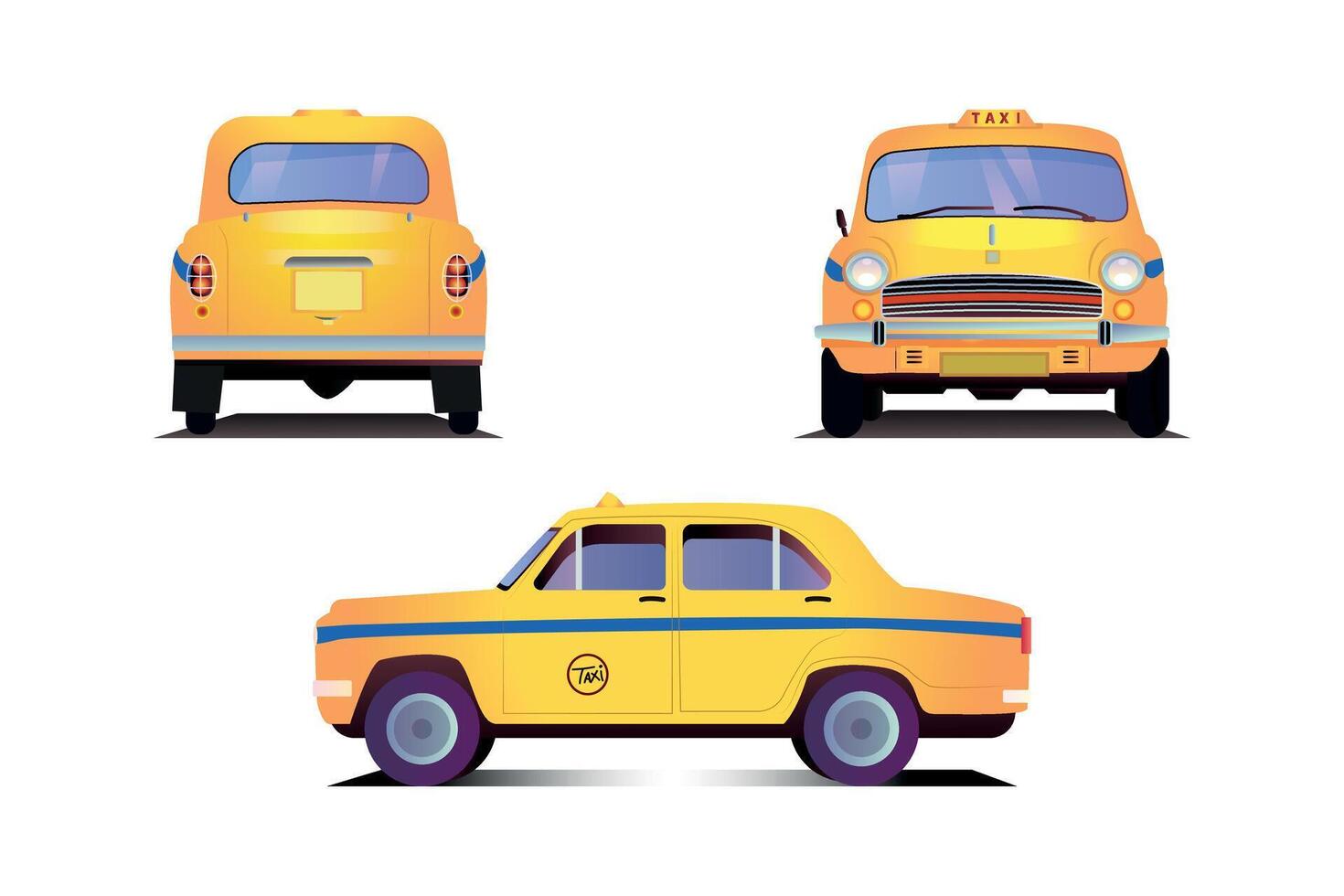 Kolkata yellow taxi front side and back of an Indian yellow color taxi vector