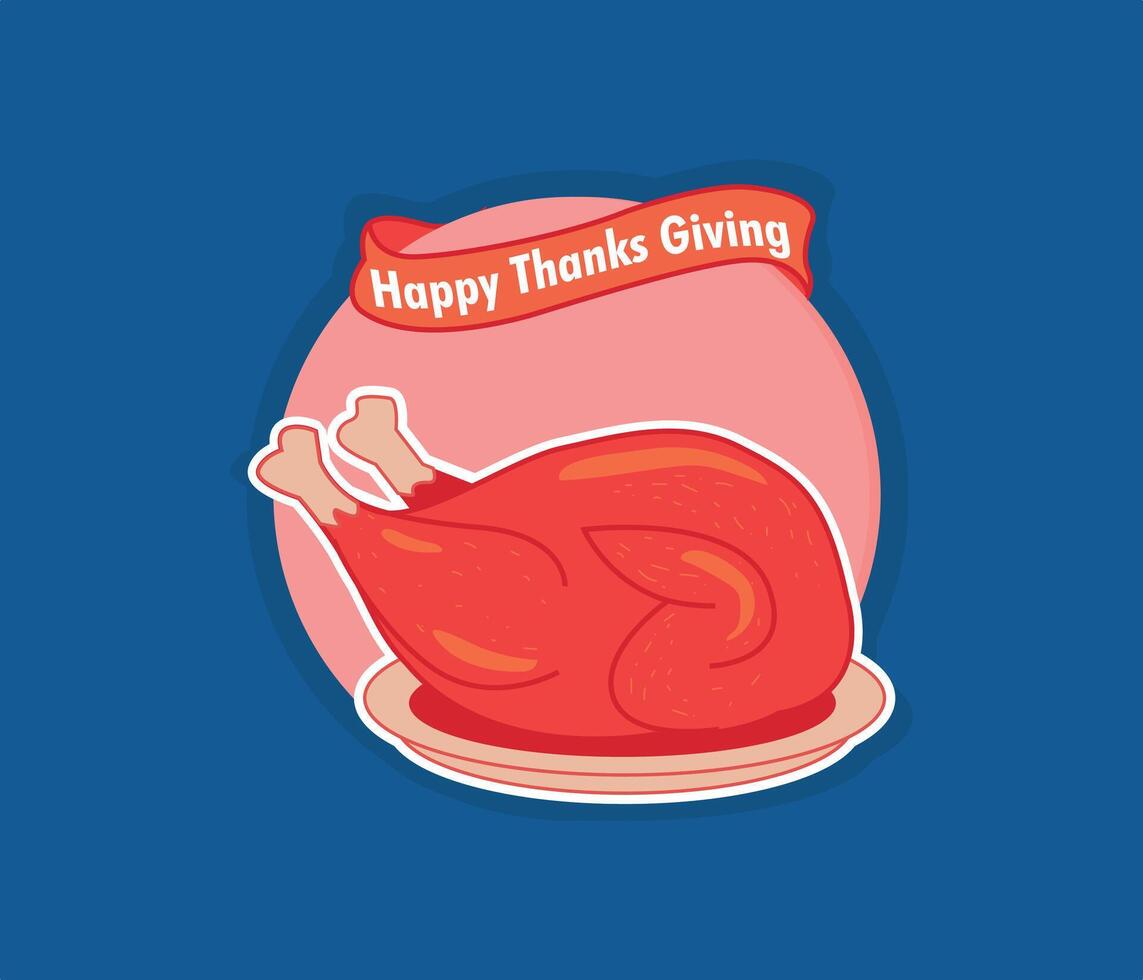 Happy thanksgiving day round frame grilled chicken sticker vector