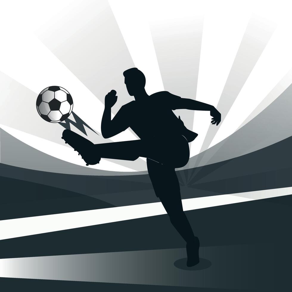 Soccer player kicks the ball in soccer stadium silhouette illustrations vector