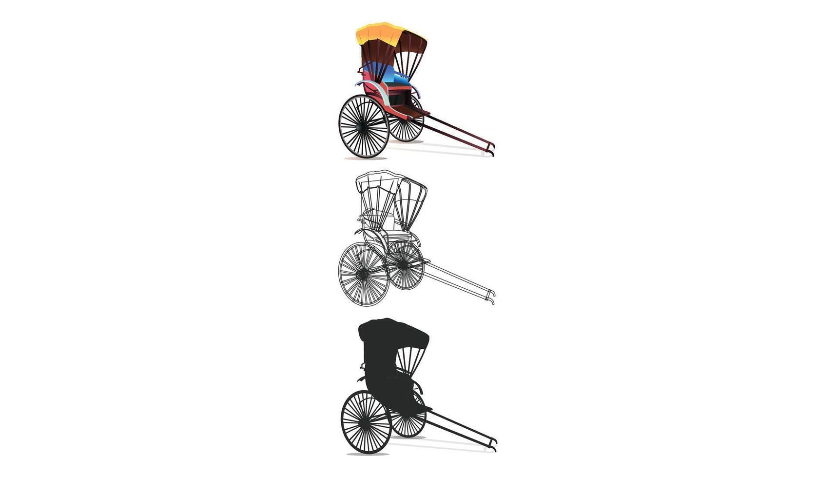 Kolkata hand-pulled rickshaw line art. Two-wheeler, yellow rickshaw vector