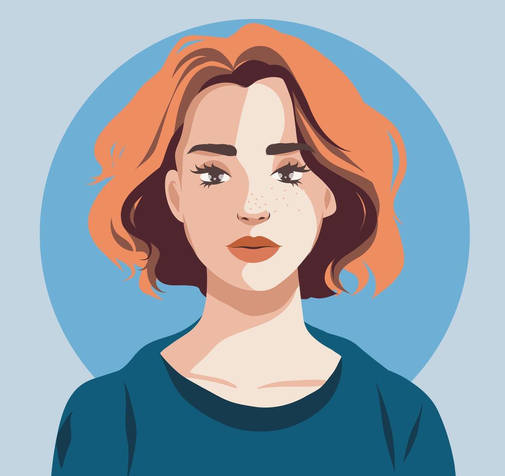 Portrait of an avatar of a red-haired girl with freckles. Hairstyle. Avatar for social networks. flat illustration on a delicate background vector