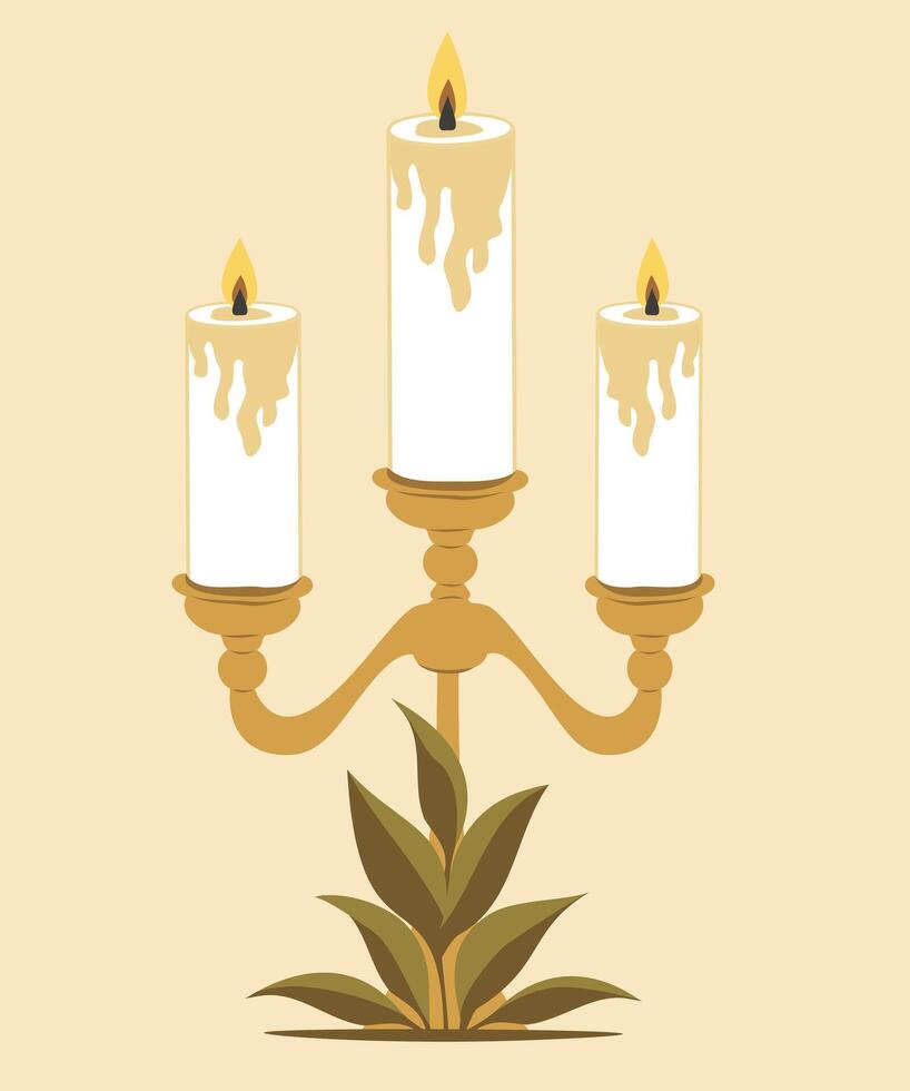decorative candles for home. Fire and light, candles, lamp, candlestick. Candles in a candlestick surrounded by greenery plant leaves. Antique historical candles. icon logo vector