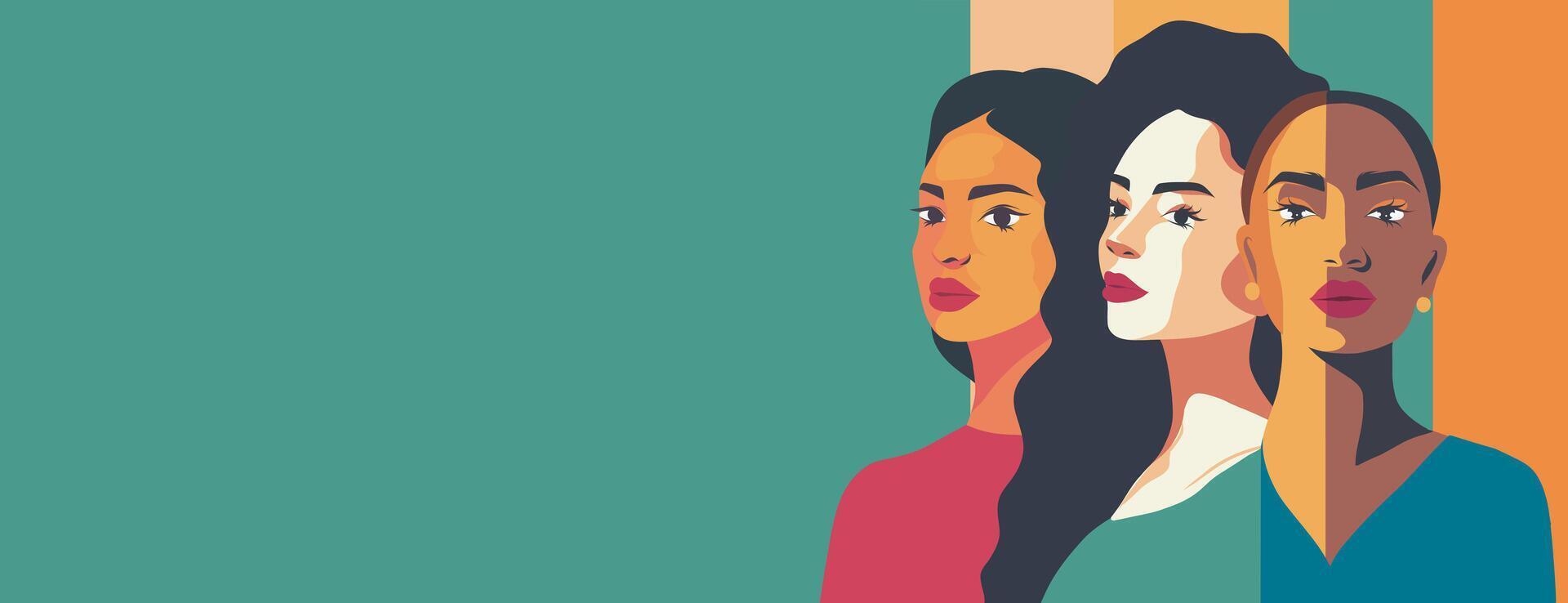 banner place for text, women of different cultures and nationalities stand together on a green background. concept of movement for gender equality and women's empowerment vector