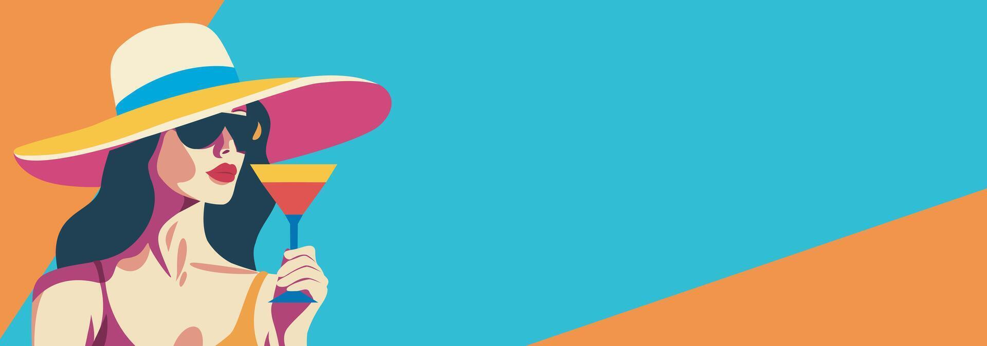 summer flat banner with space for text poster in bright blue colors abstract girl in glasses and a hat with a cocktail in her hands, a tourist on vacation vector