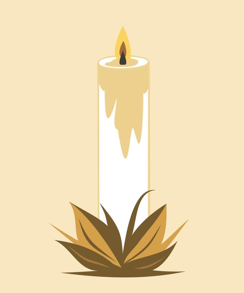 decorative candles for home. Fire and light, candles, lamp, candlestick. A candle in a candlestick surrounded by green plant leaves. Antique historical candle. icon logo vector