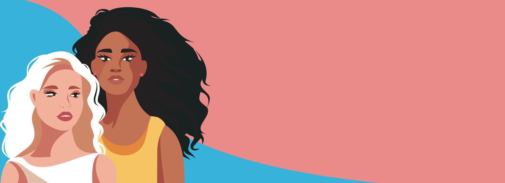 banner with place for text in beige pastel colors for Women's Day, women of different cultures and nationalities. concept of movement for gender equality and women's empowerment vector