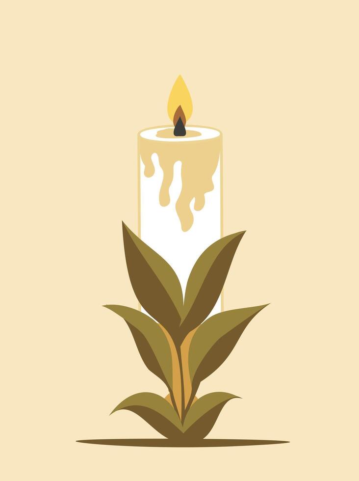 candle in a candlestick, decorative candle for home. Candle art surrounded by greenery plant leaves. An old historical candle as a gift. icon logo vector