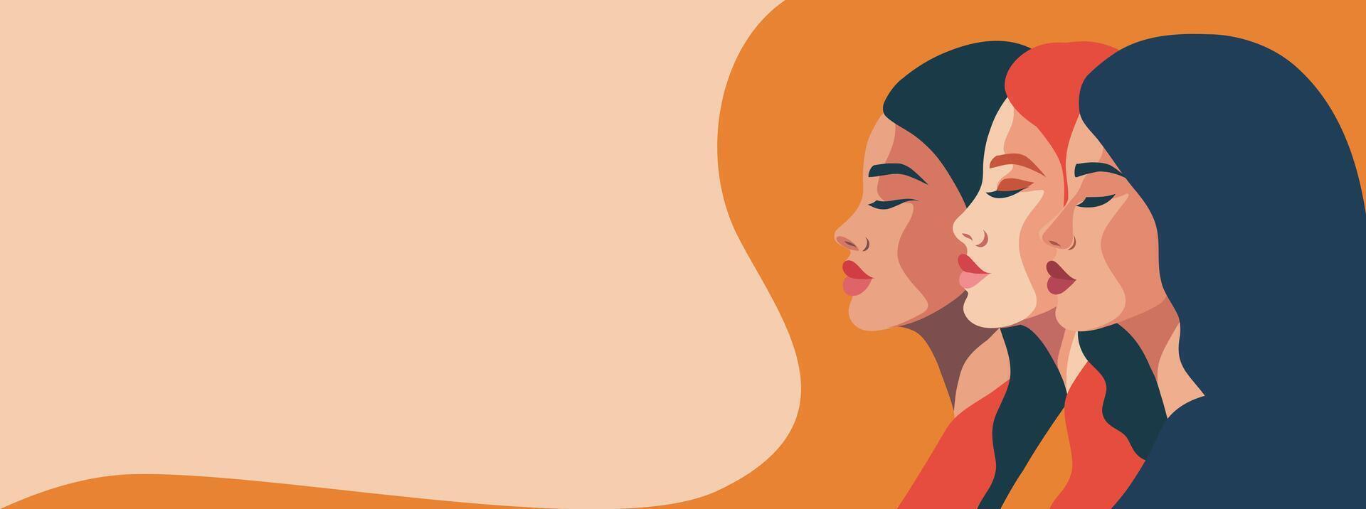 bright banner with place for text for International Women's Day, women of different cultures and nationalities. Concept of the movement for gender equality and women's empowerment vector
