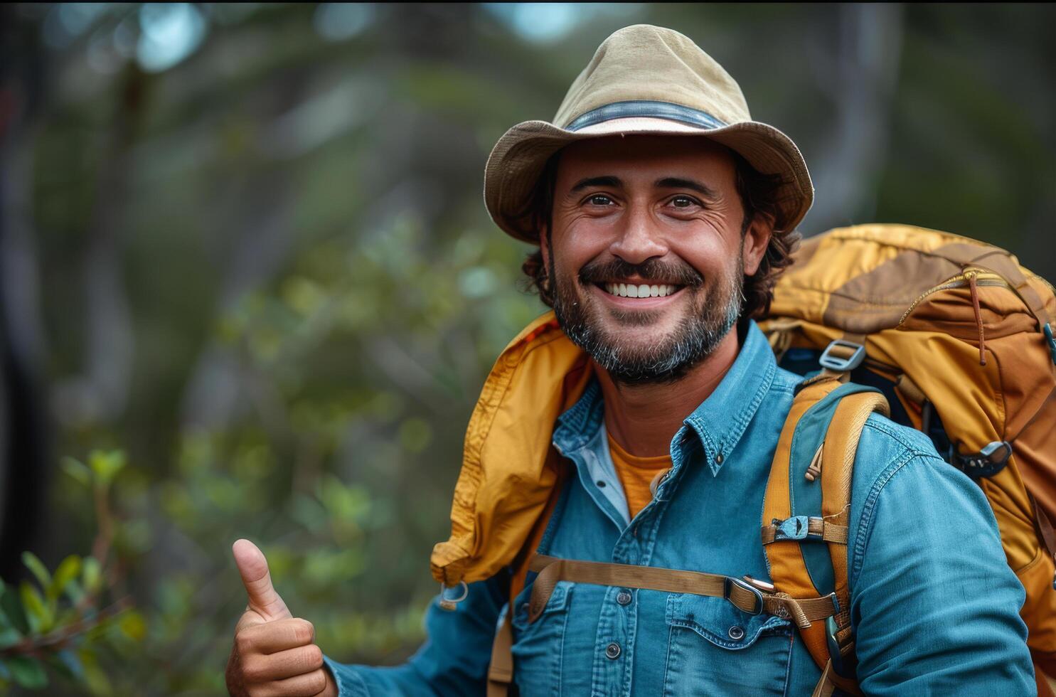 Man With Backpack Giving Thumbs Up photo