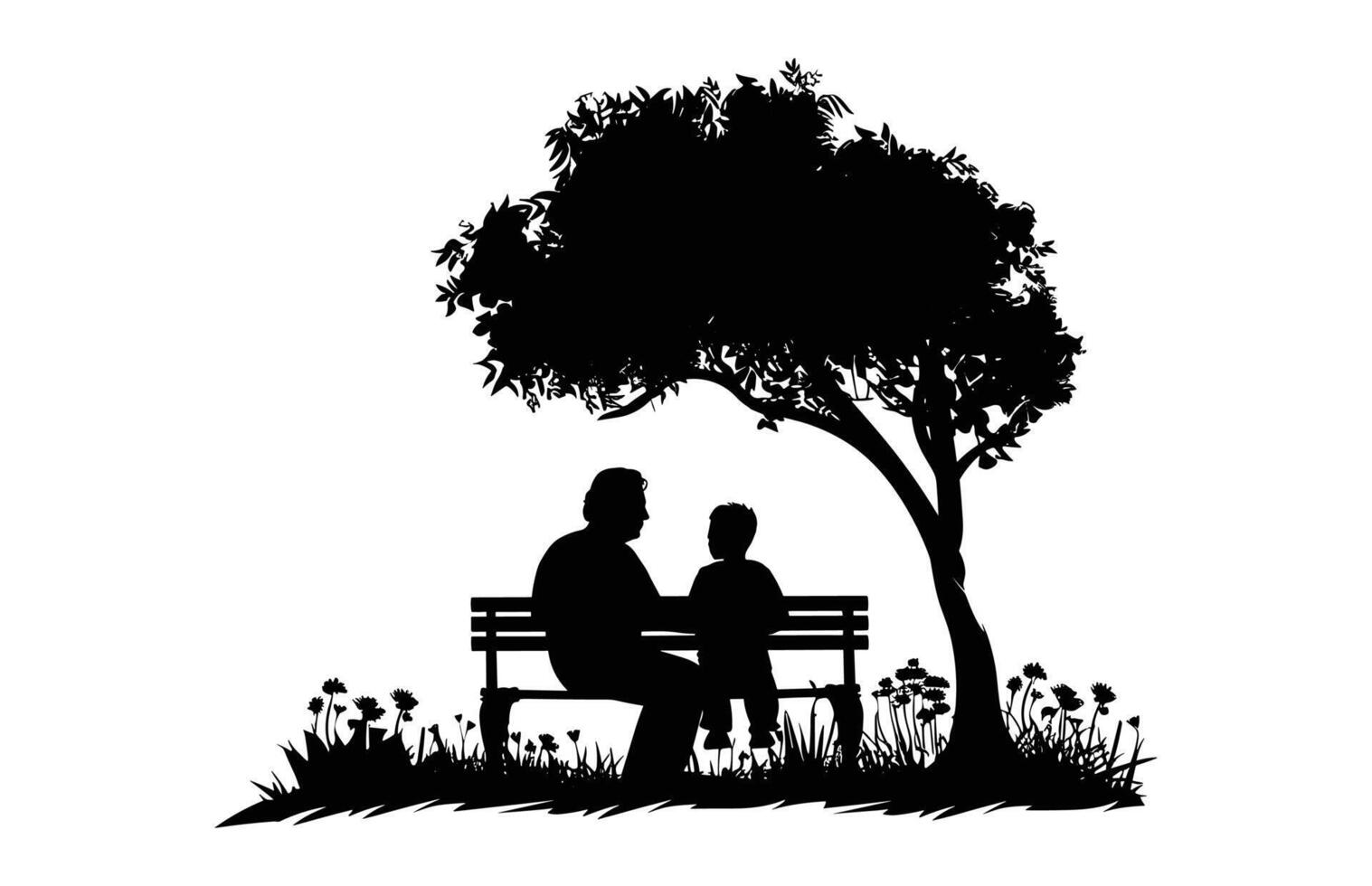 Dad and Son Sitting on a Park Bench under a tree Silhouette black Clip art vector