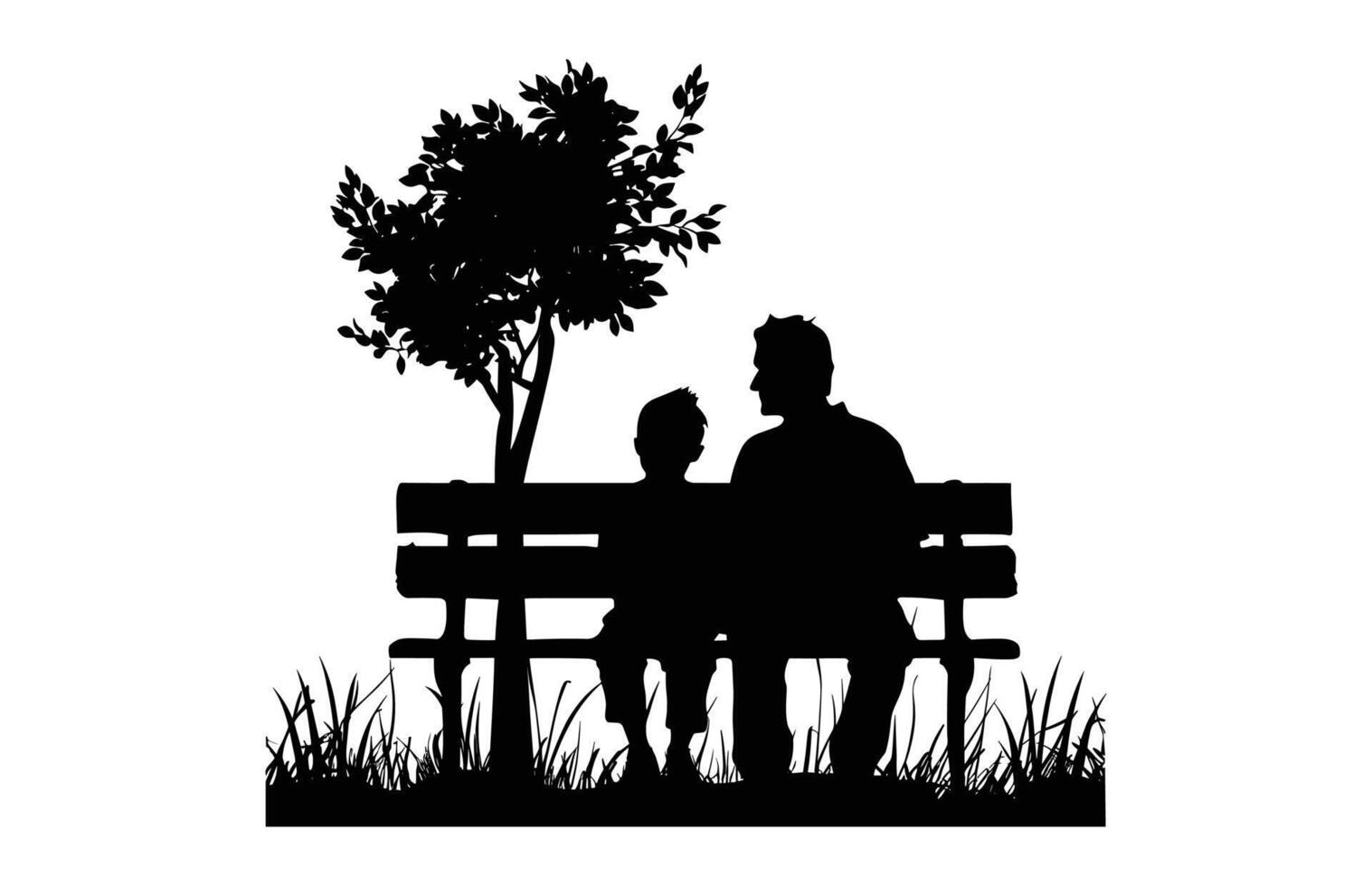 Dad and Son Sitting on a Park Bench under a tree Silhouette black Clip art vector