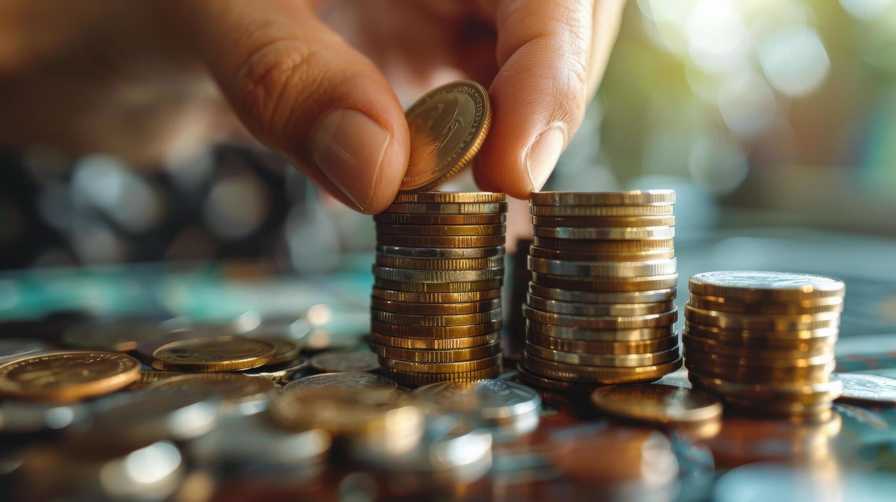 Person Inserting Coin Into Stack of Coins photo