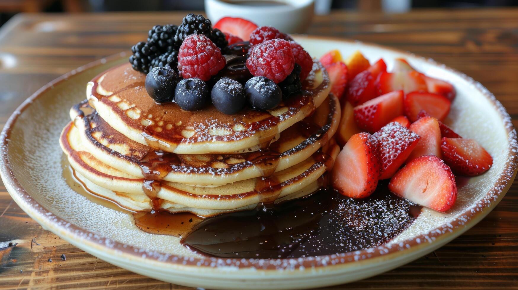Stack of Pancakes Topped With Berries and Syrup photo