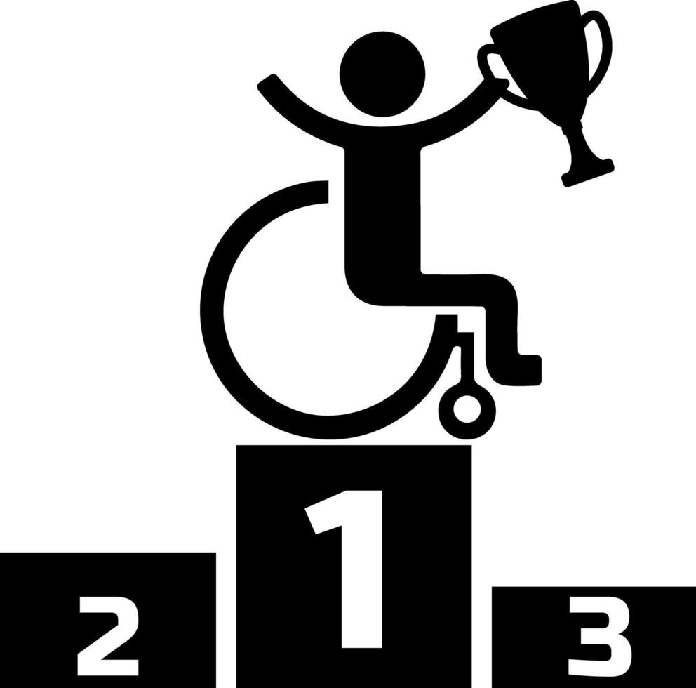 Silhouette of a wheelchair athlete winning a trophy on a podium, symbolizing achievement and inclusion. vector