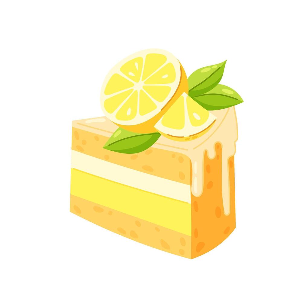 Piece of cake with lemon slices in flat style. Lemon cake with cream. Festive dessert. Flat cartoon design for postcards and stickers, birthday party invitation. vector