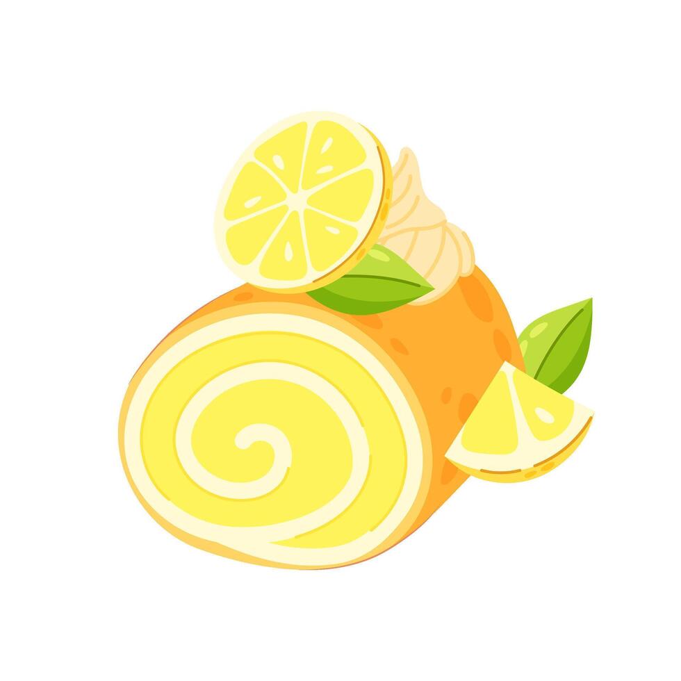 Sweet roll with yellow cream and lemon. Lemon dessert, lemon cake. Lemon flavored dessert in flat style. vector