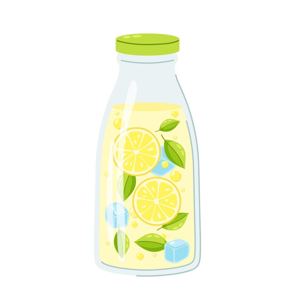 Cooling citrus lemonade in flat style. Lemon water, fresh cold drink in a bottle. Summer fruity refreshment. vector