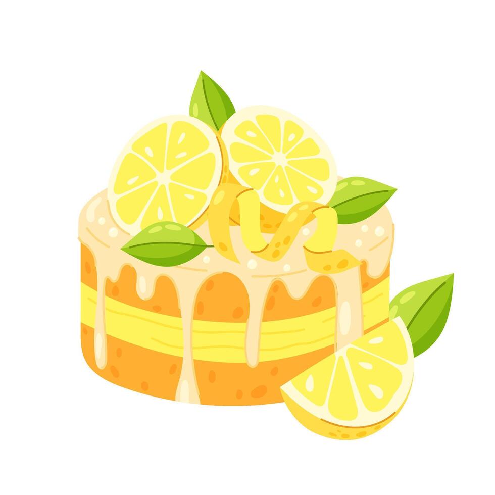 Sweet bento cake with lemon slices and zest. Lemon dessert, lemon cake. Lemon flavored dessert in flat style. vector