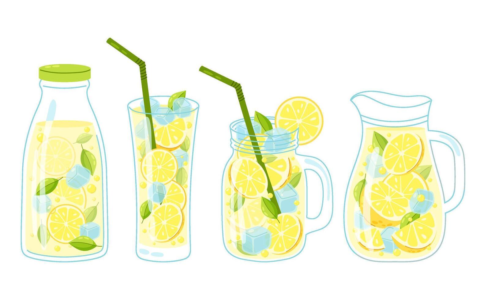 Lemonade in flat style. Set of summer cold drinks. Lemonade with ice in different glass containers. Cold drinks. vector
