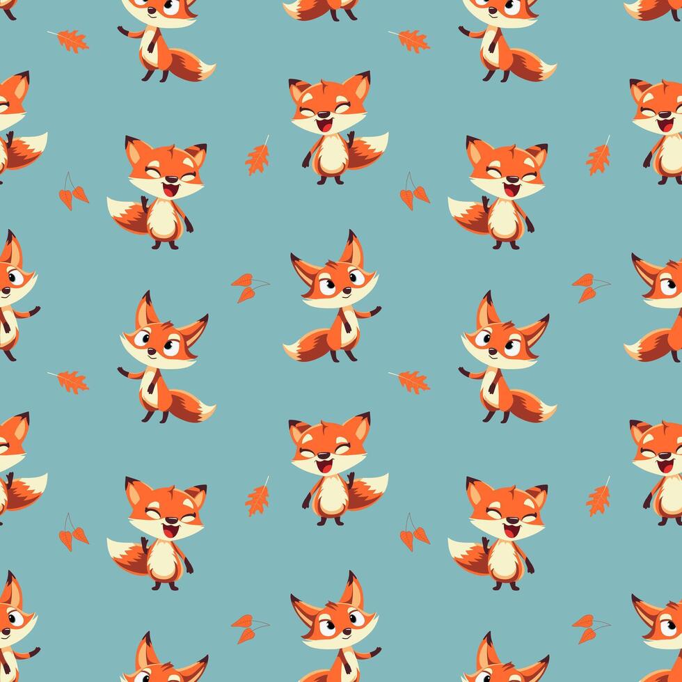 Seamless pattern with funny fox and leaves. Cartoon fox background. Autumnal pattern vector