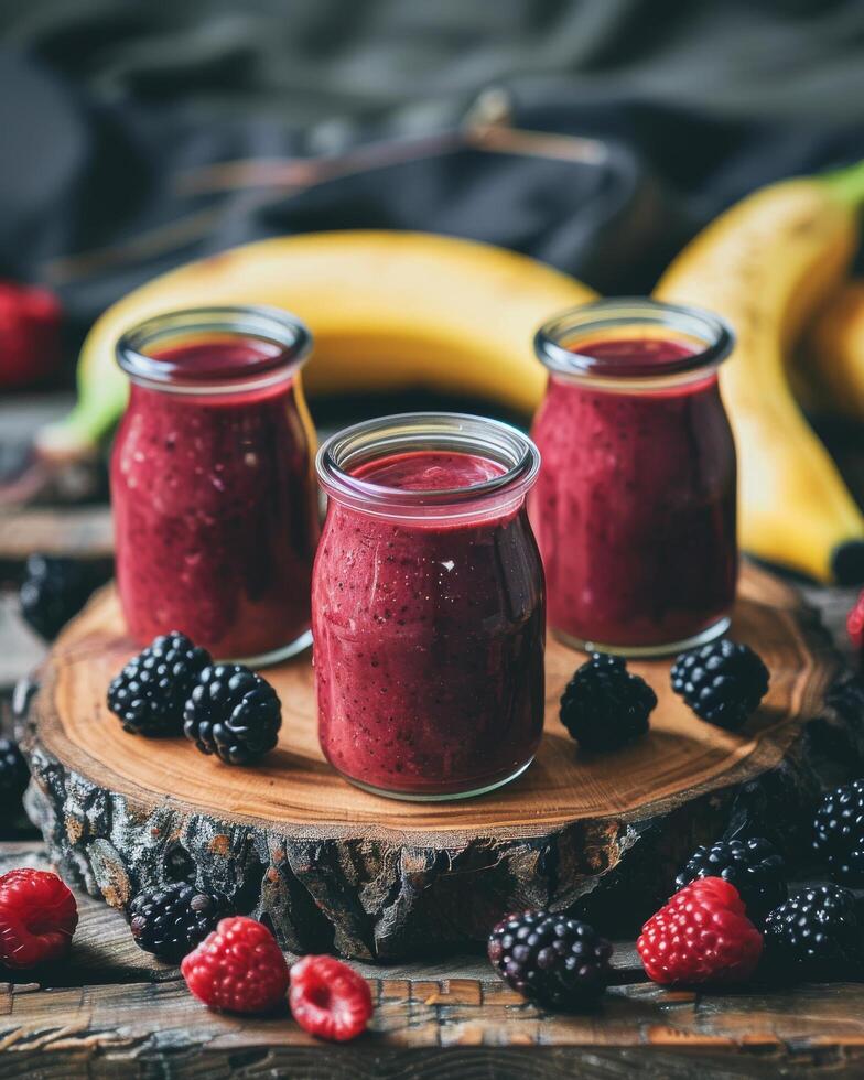 Three Jars of Raspberry Smoothie With Bananas and Raspberries photo