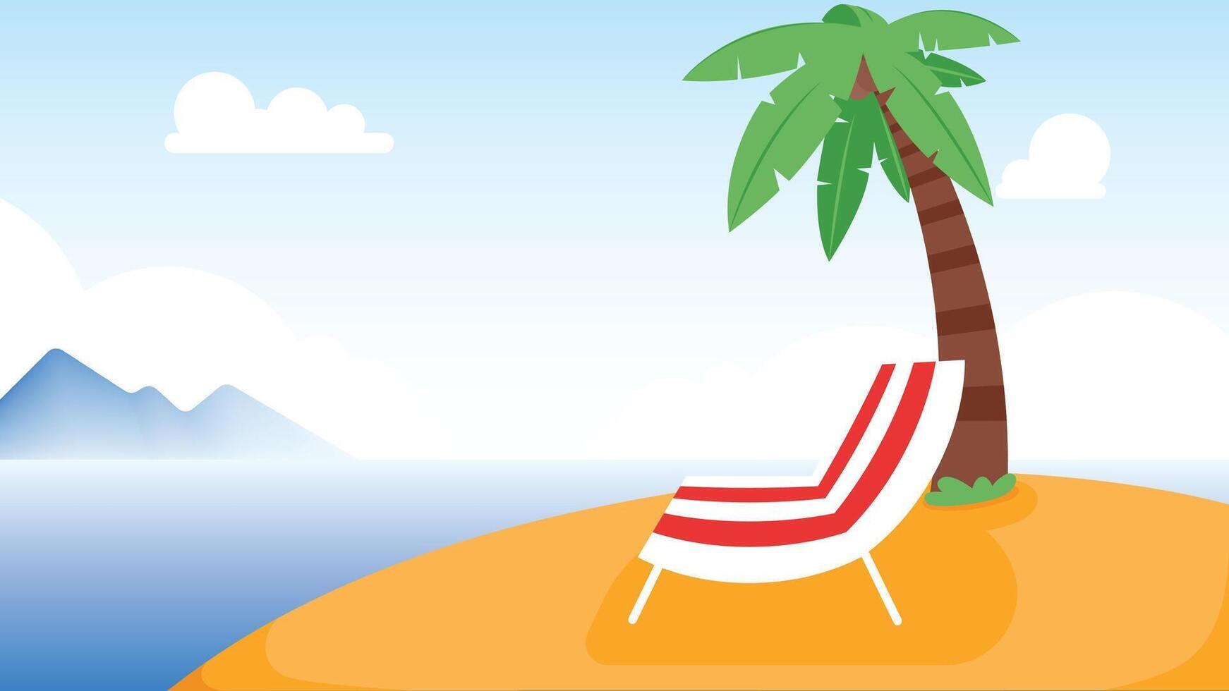Beautiful island landscape with lounge chair and palm tree. vector