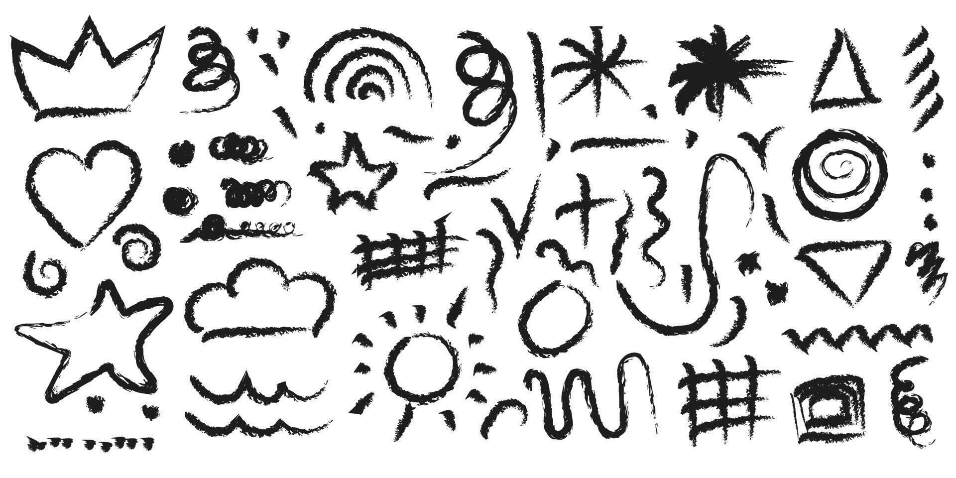 collection of abstract charcoal doodles, including various shapes, symbols, and patterns. vector