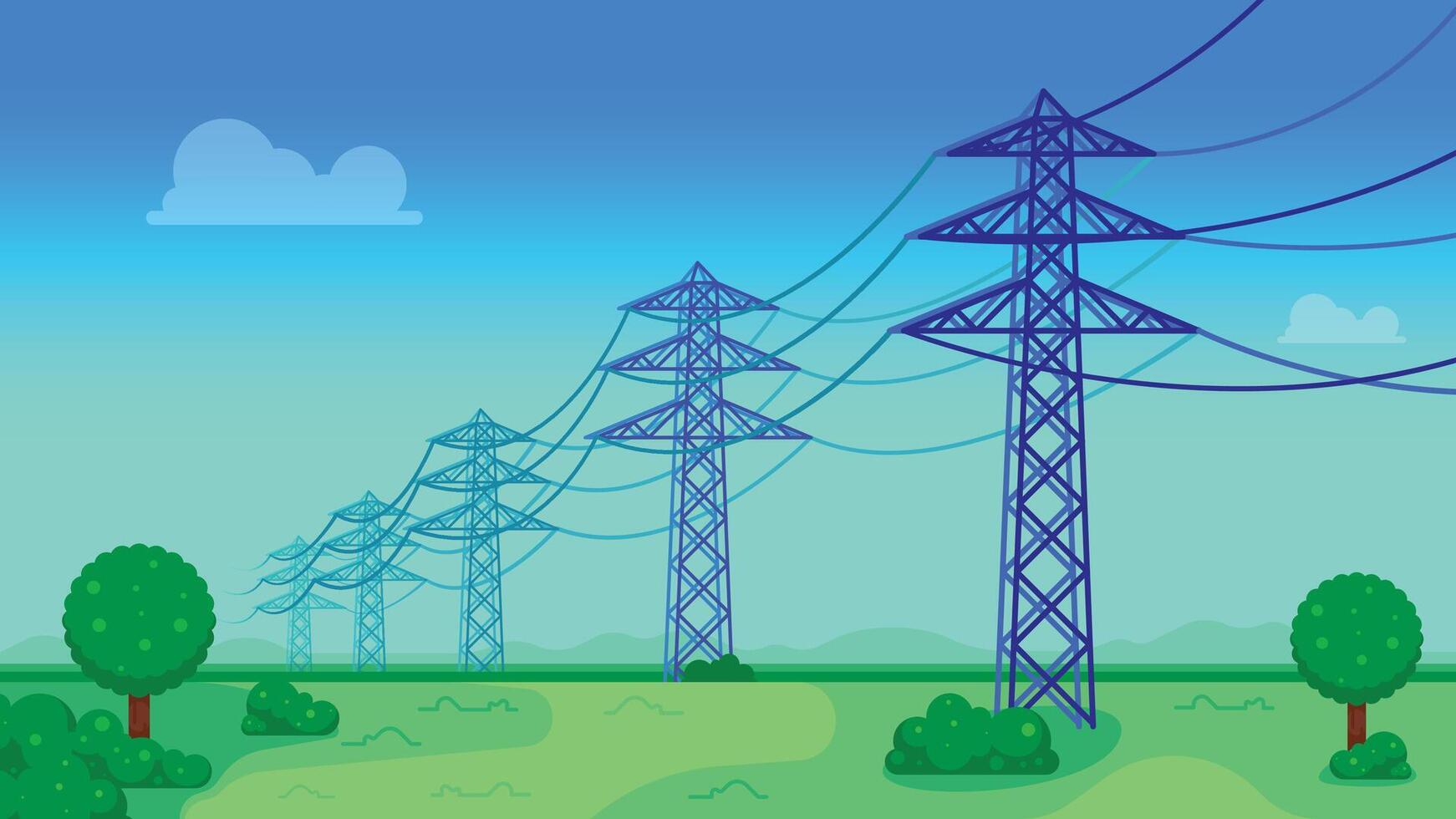 Transmission power lines with beautiful landscape. electric towers in a field, energy distribution concept. vector