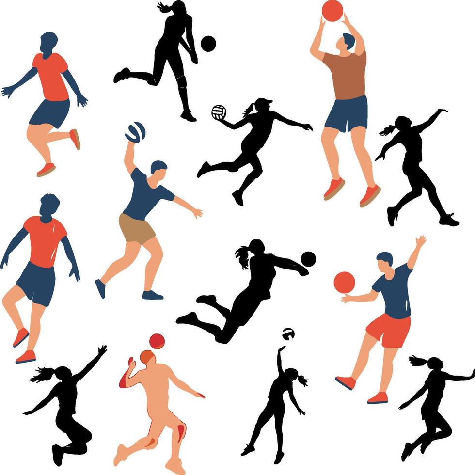 A group of athletes playing sports, including volleyball and basketball vector