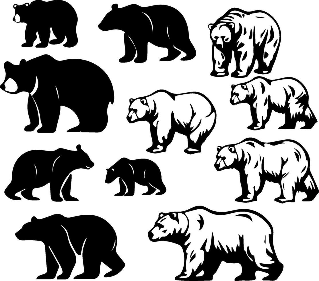 set of black and white bear silhouettes vector