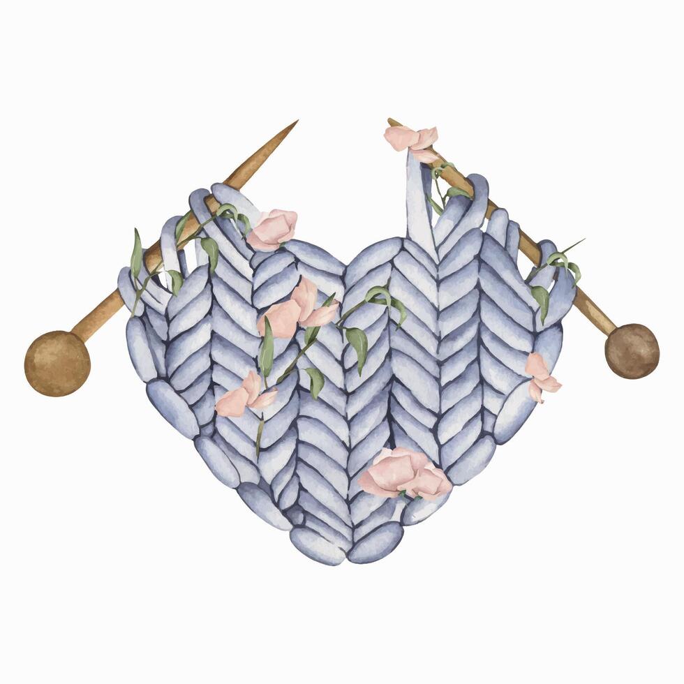 Watercolor Knitting Pattern of Heart and Flowers vector