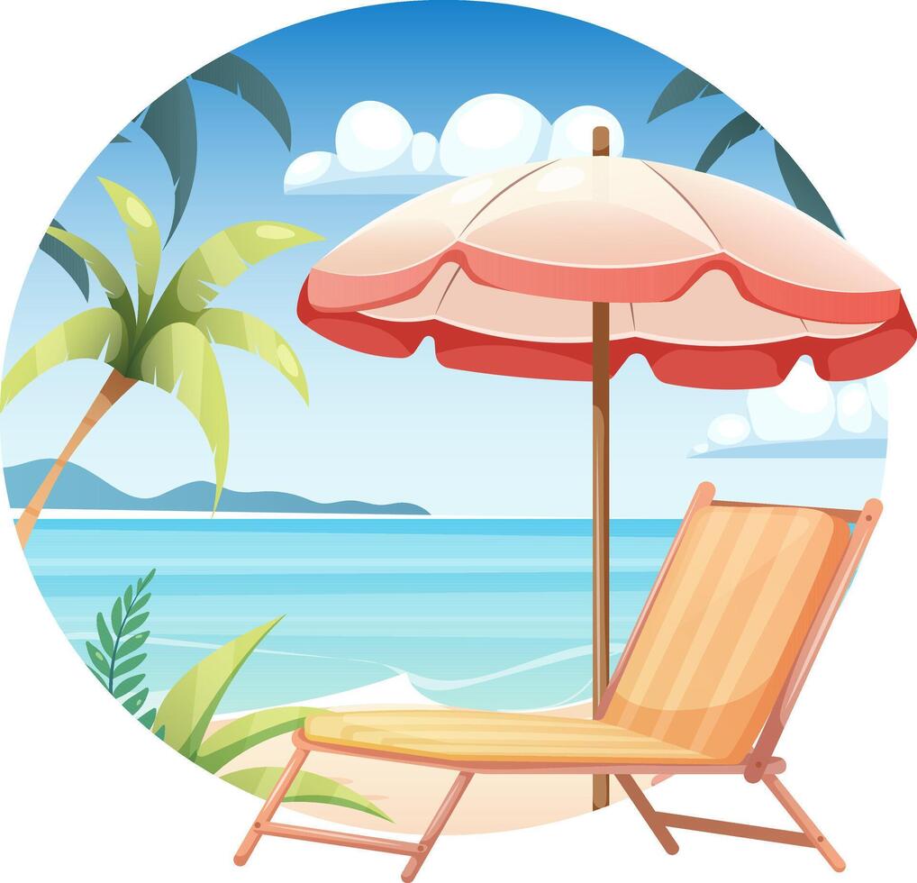 Summer illustration with beach, sea, sun lounger and sun umbrella. round card vector